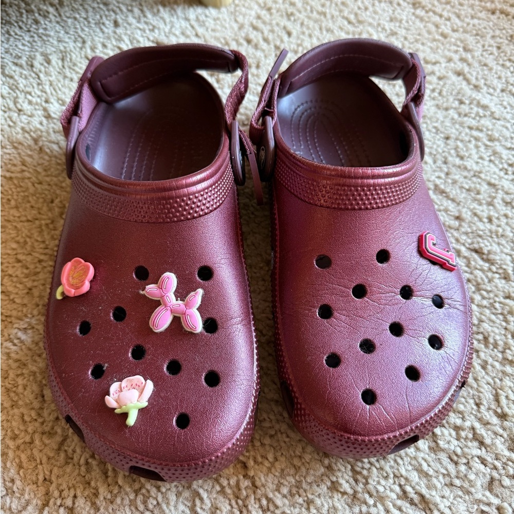 Burgundy CROCS with charms